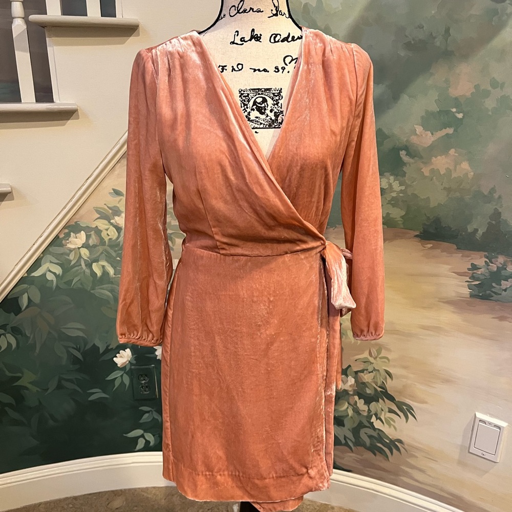 NWT, J. Crew pale rose pink velvet, long sleeve wrap dress